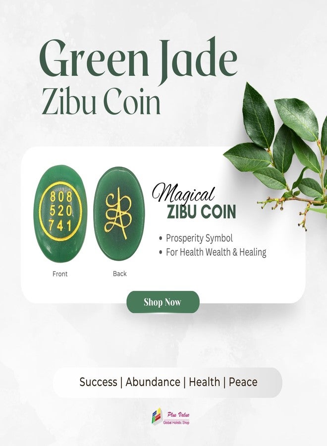 Plus Value Green Jade Stone Zibu Coin Symbol with Switch Word Grabovi Numbers for Money, Prosperity, Wealth, Abundance, Wish Manifestation, Reiki Healing Aura Chakra Vastu Feng Shui - Image 2